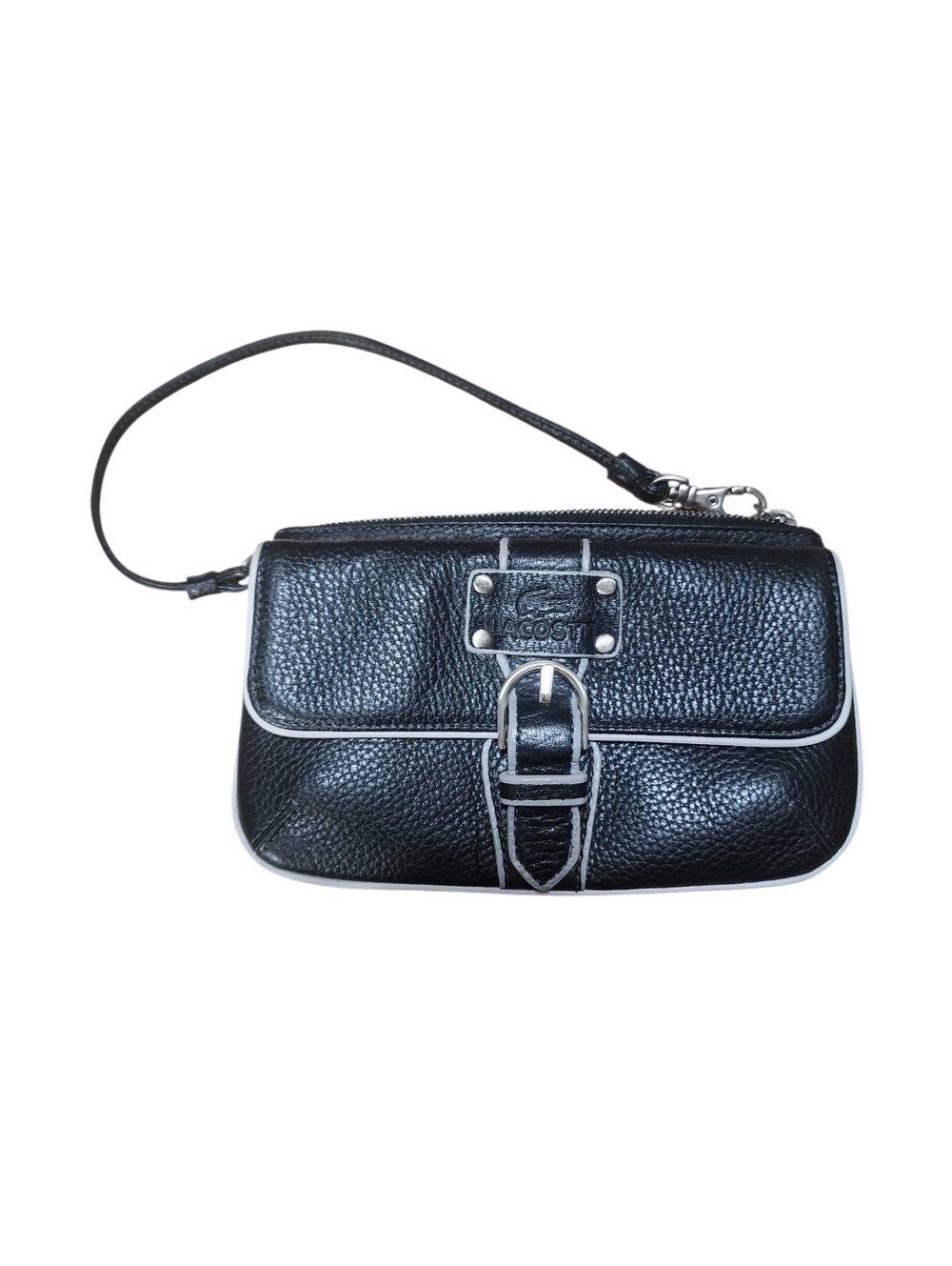 Lacoste Black Leather Mini Bag Wristlet Clutch Pebbled Calf Leather